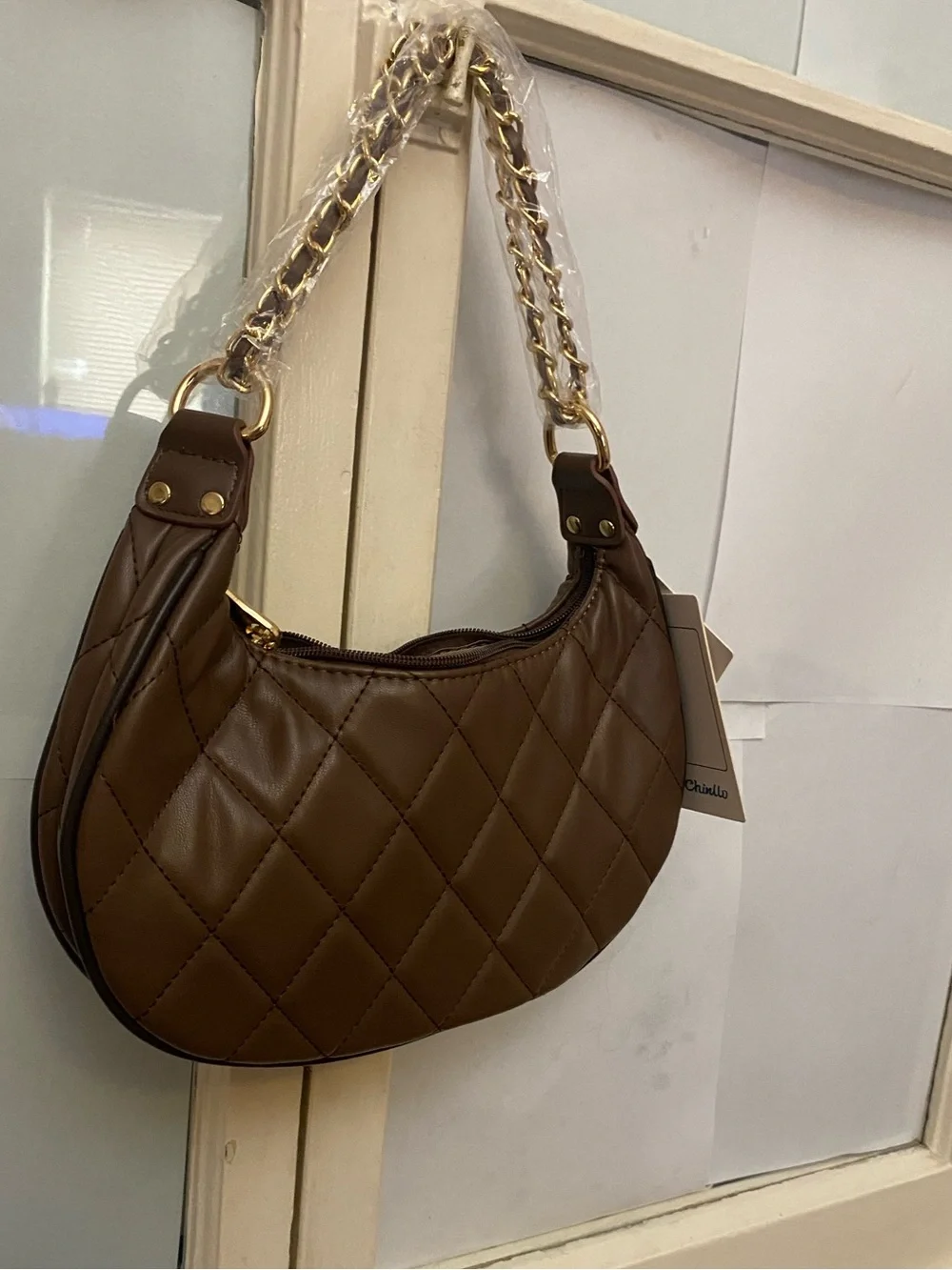 chinllo brown Quilted Crescent Shoulder Bag with Chain Strap